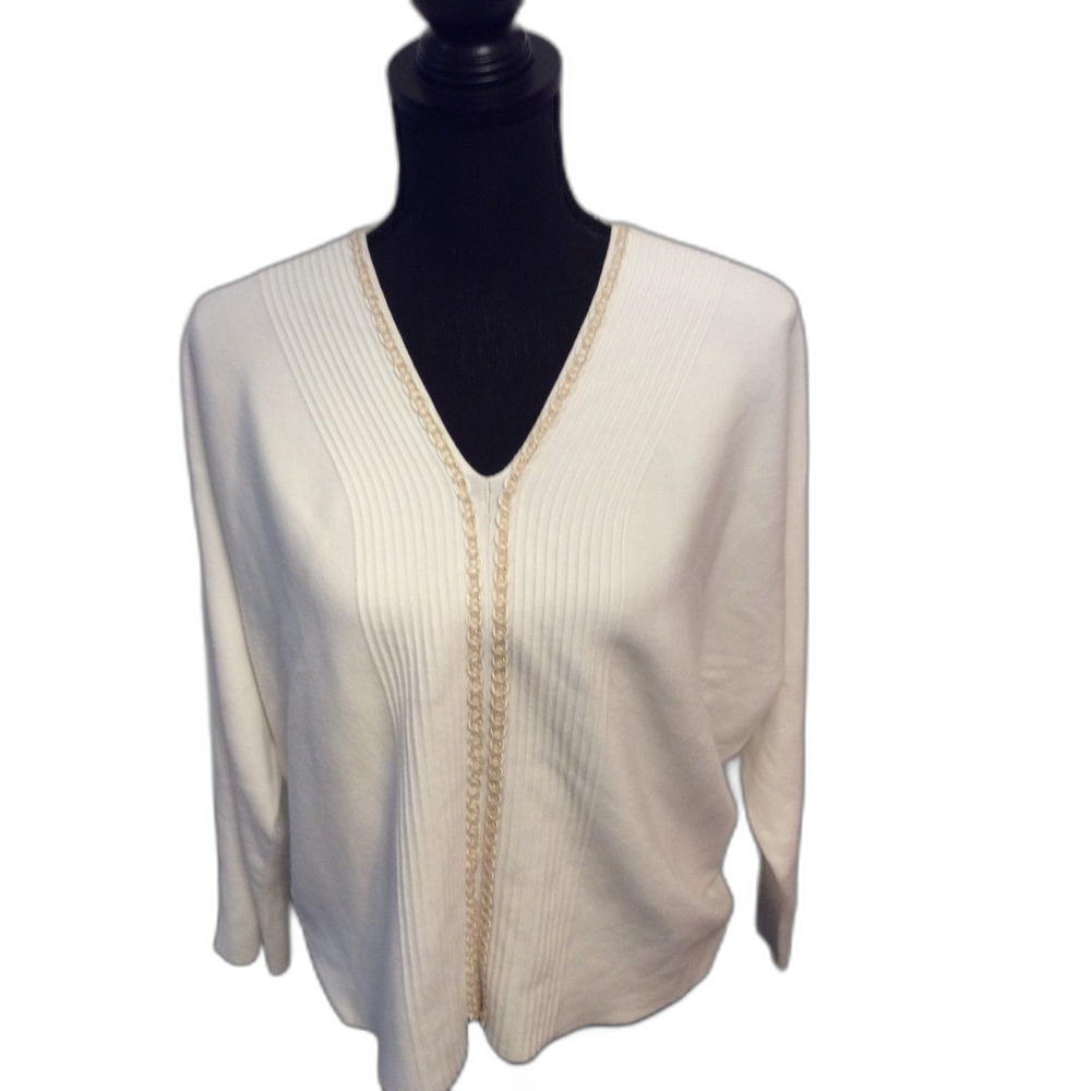 Liv Milano V Neck White W/ Gold-White Trim Sweater VNC Size XL Soft Classy